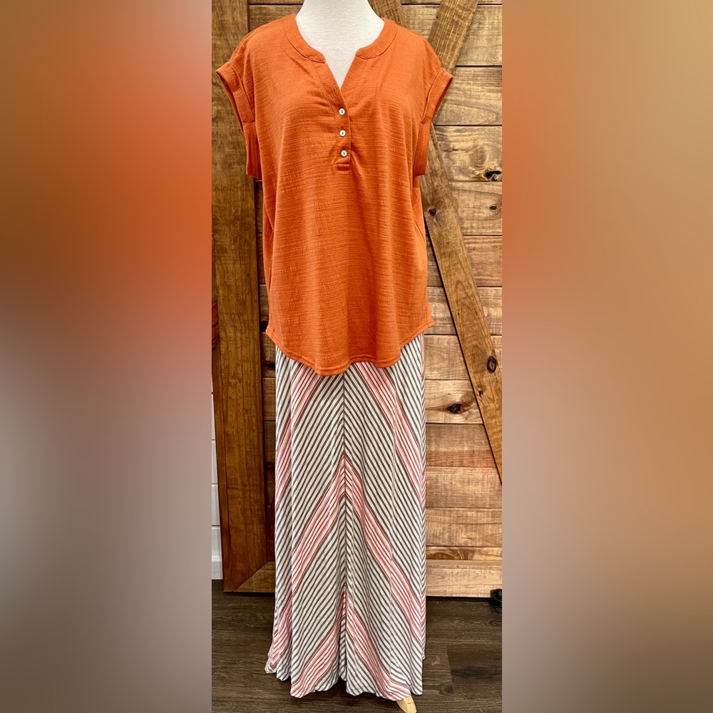 Orange Button-Up Top and Striped Maxi Skirt